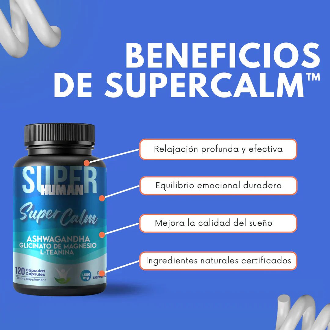 Super Calm™ - Cápsulas de L-Teanina, Ashwagandha y Glicinato de Magnesio 100% Natural (120 Cápsulas)